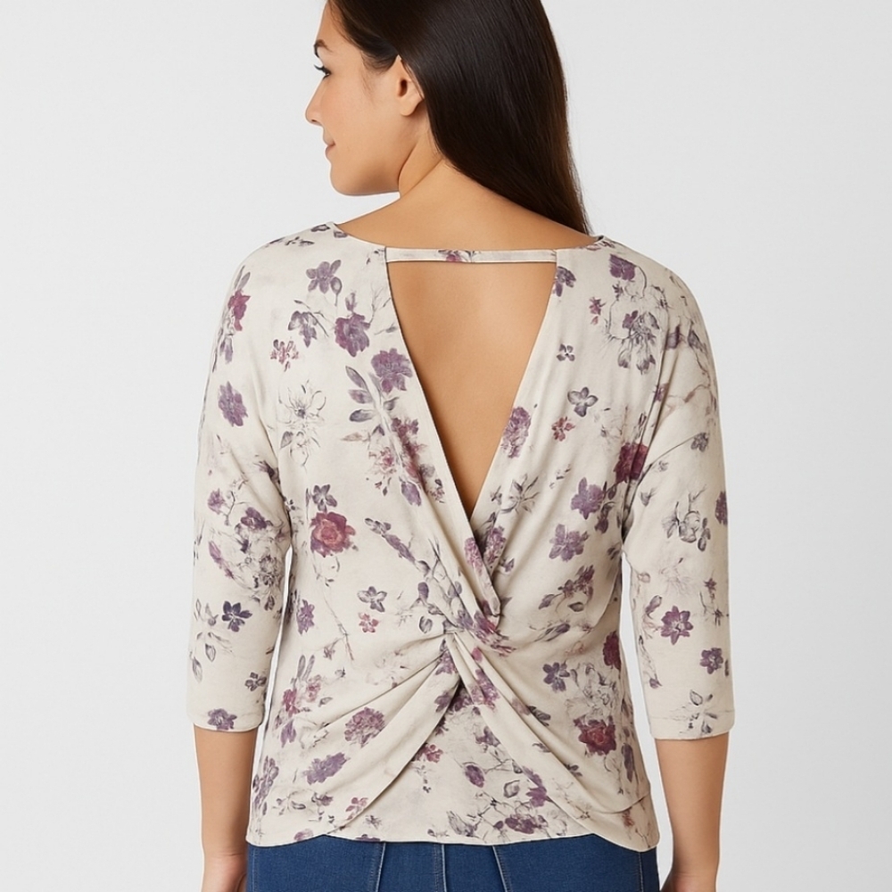 Daytrip Floral Twist Back Keyhole Knit Top XL Buckle Long Sleeve